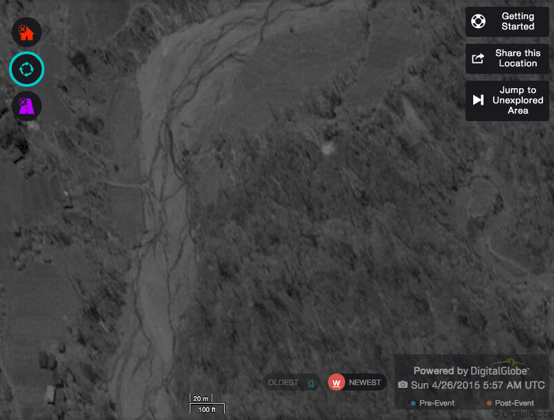 In this image you can see the river area having major damage. To extreme left are irrigated areas and houses which are majorly/ completely damaged from the earthquake.
