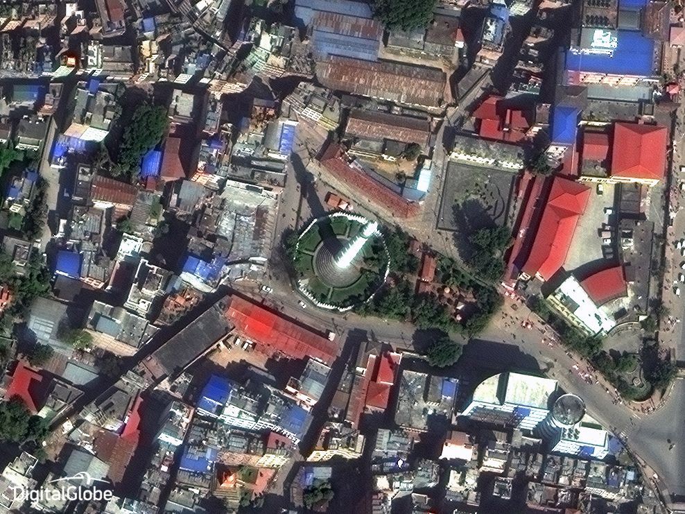 Dharahara Tower in Kathmandu Nepal as seen from DigitalGlobe WorldView-3 on 25-October-2014