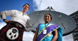 University of Dundee team up with Antrix Corporation, the commercial arm of ISRO to recieve data from satellites for environmental data. Picture shows; Paul Crawford from University of Dundee and Sailaja Poduri from ISRO.