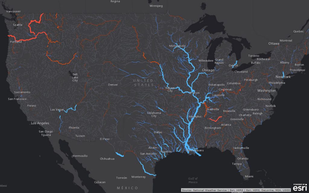 Esri has released a robust collection of web maps that display NOAA forecast stream flow data for the continental United States.