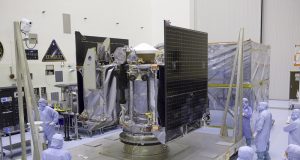 The asteroid-mapping OSIRIS-REx craft, shown undergoing final checks in May 2016 before it was integrated into an Atlas V rocket assembly. The seven-year mission is slated for launch from Florida on September 8.
