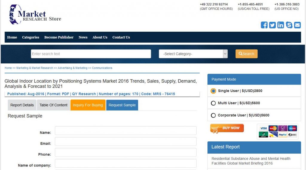 Market research firm QY Research has added a Global Indoor Location report to their offering. The report provides latest industry trends, and market forecast from 2016 - 2021.