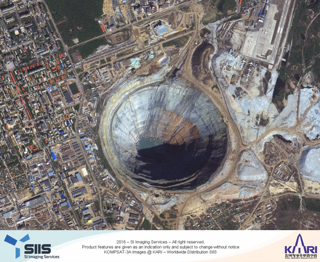KOMPSAT 3A satellite image of the Mir diamond mine in Eastern Siberia.