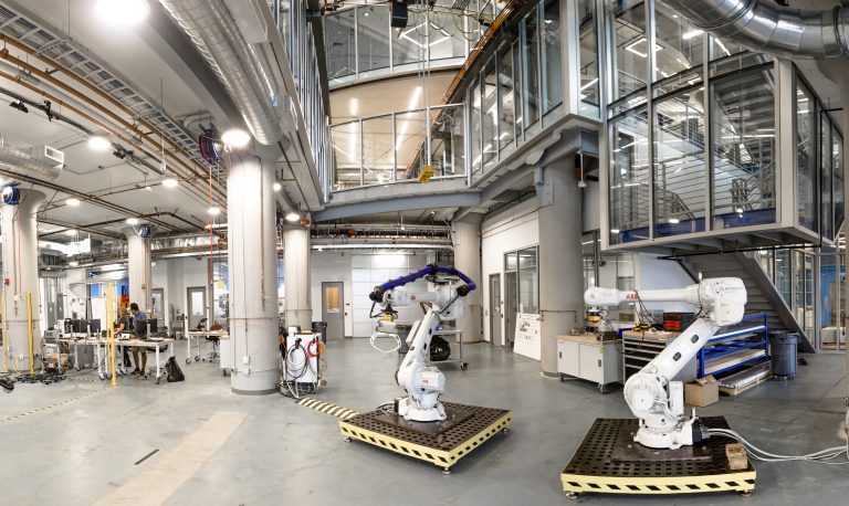 The Autodesk BUILD Space houses a 5-ton crane in a 27-foot crane way hoisting items between floors.