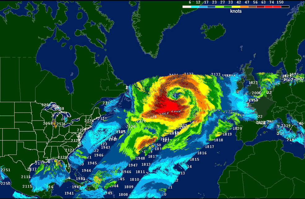 ISS-RapidScat wind speed data from a North Atlantic storm in October 2014, as seen by the National Centers for Environmental Prediction Advanced Weather Interactive Processing System used by weather forecasters at NOAA's Ocean Prediction Center. Credits: NASA/JPL-Caltech/NOAA