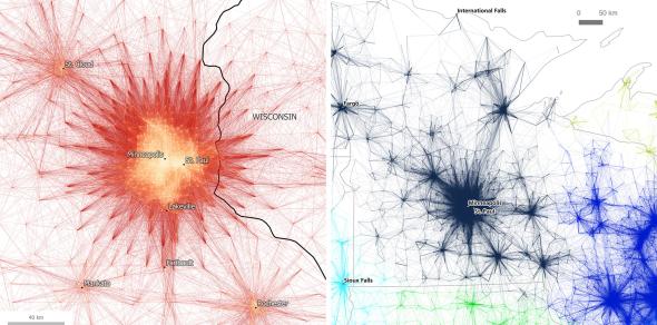 The Minneapolis-St. Paul megaregion looks different when using a visual approach (left) or an algorithmic approach (right).