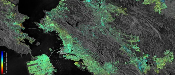 Sentinel-1 radar data show ground displacement of the San Francisco Bay Area. Hot spots are clearly observed, including the Hayward fault running north–south of the central-right side of the image. Subsidence of the newly reclaimed land in the San Rafael Bay on the left is also visible, while an uplift of land is visible in the lower right, possibly a result of a recovering groundwater level after a four-year long drought that ended in autumn 2015.