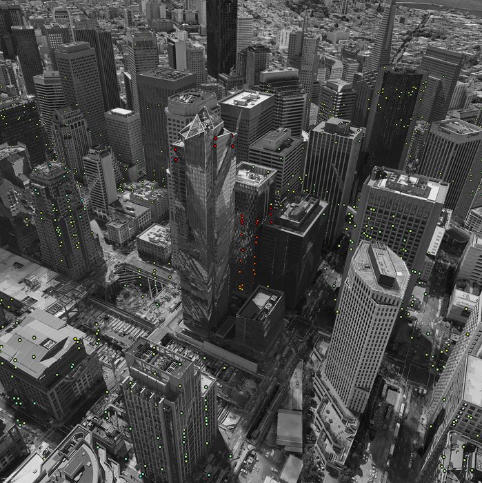 Data from the Sentinel-1 satellites acquired between 22 February 2015 and 20 September 2016 show that Millennium Tower in San Francisco is sinking by about 40 mm a year in the ‘line of sight’ – the direction that the satellite is ‘looking’ at the building. This translates into a vertical subsidence of almost 50 mm a year, assuming no tilting. The coloured dots represent targets observed by the radar. The colour scale ranges from 40 mm a year away from radar (red) to 40 mm a year towards radar (blue). Green represents stable targets.
