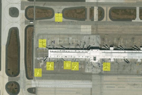 Object recognition results from deep learning software of DigitalGlobe, which has recognised planes that are landed or grounded at an airport