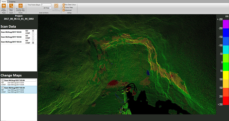 A scan of a tunnel construction project using the Processmonitor Live system real-time interface