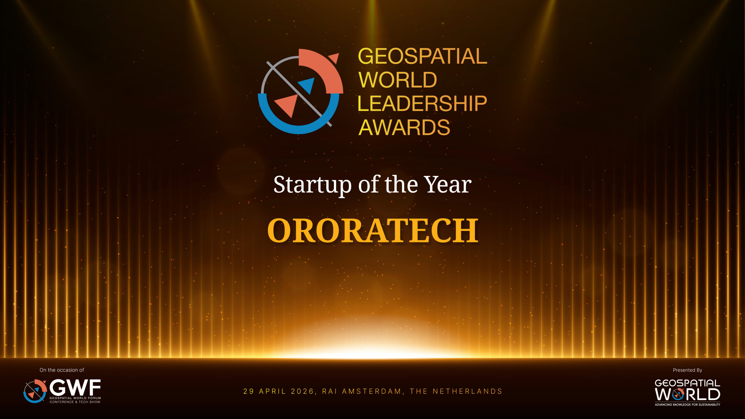 OroraTech receives the Startup of the Year Award at the Geospatial World Leadership Awards 2026
