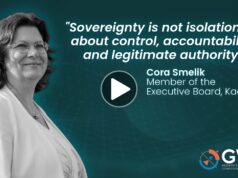 Data, Sovereignty & Cooperation: Welcome Address by Cora Smelik | GWF 2026 Cora Smelik delivering the opening keynote at Geospatial World Forum 2026 in Amsterdam